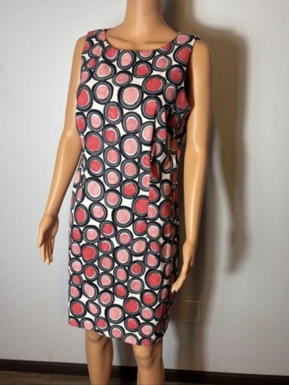 Dress Barn Black, Red and Pink Circle-Print Sleeveless Midi Dress
